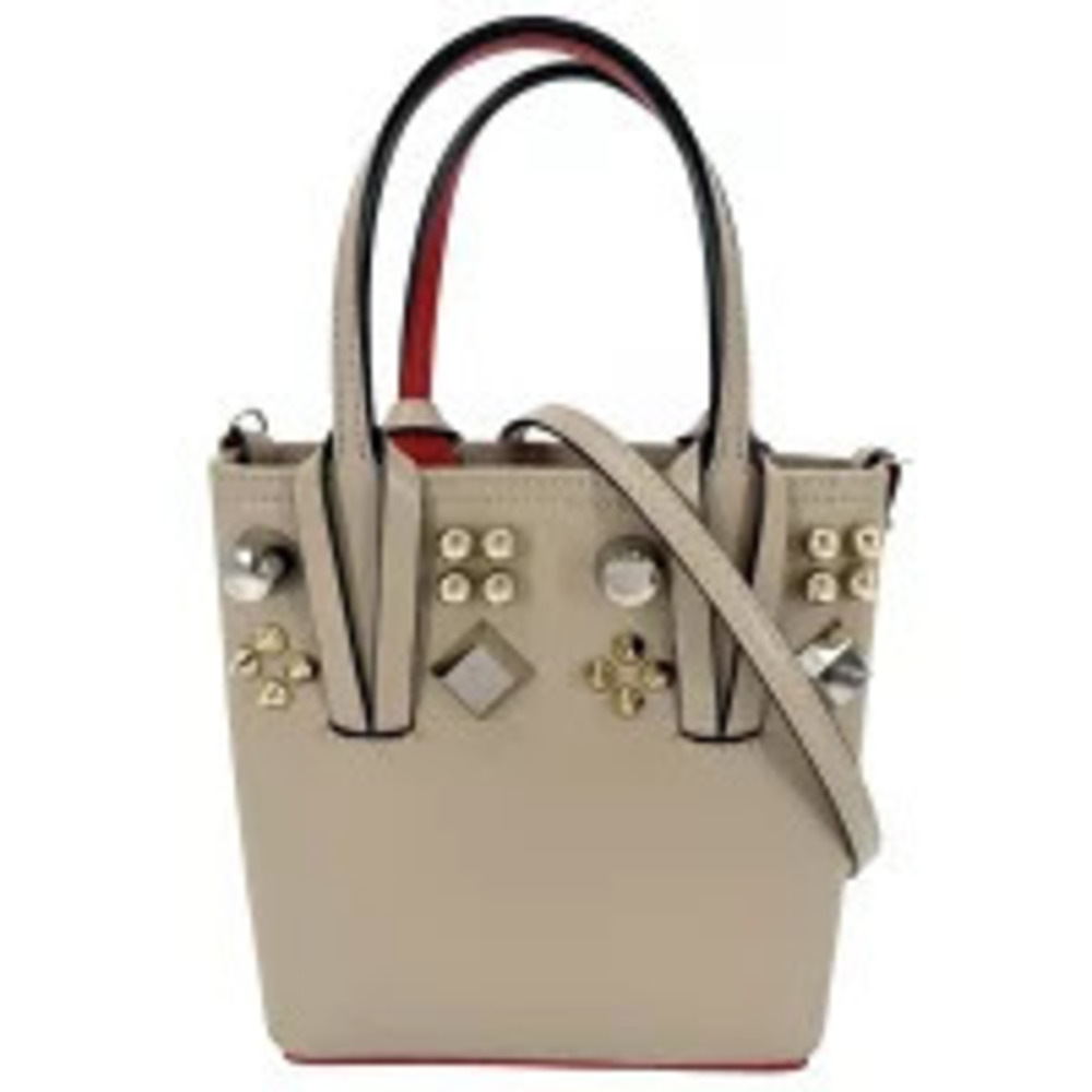 Christian Louboutin Cabata Studded Tote Leather 2Way Crossbody Bag Beige Red